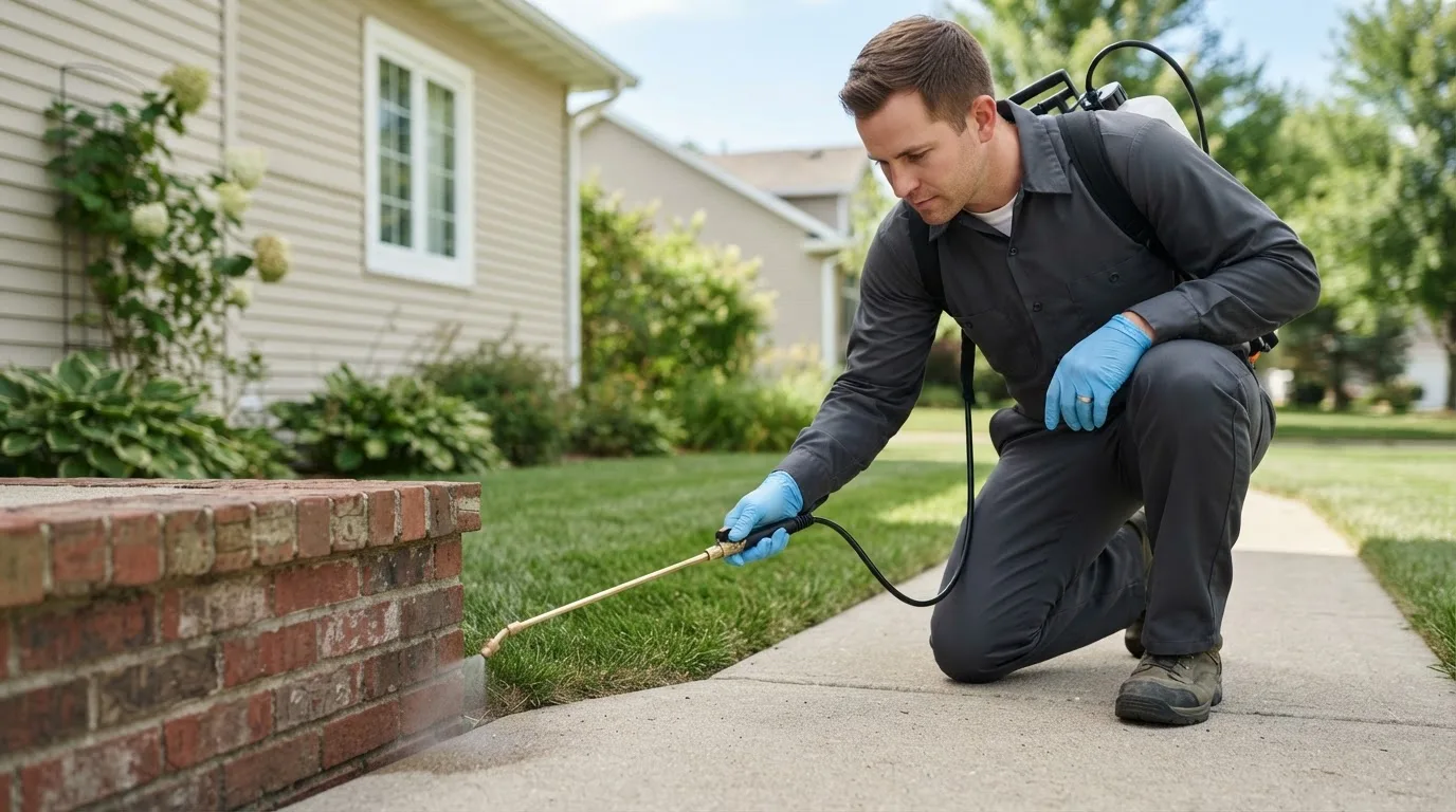 Pest control technician treating a home near La Vernia, TX